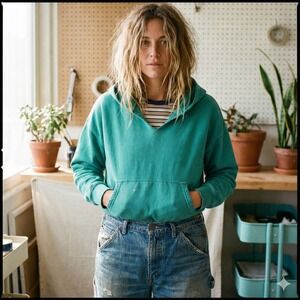 Hey Gang Hoodie Size 1 Teal Green Cotton Pullover Sweatshirt Casual